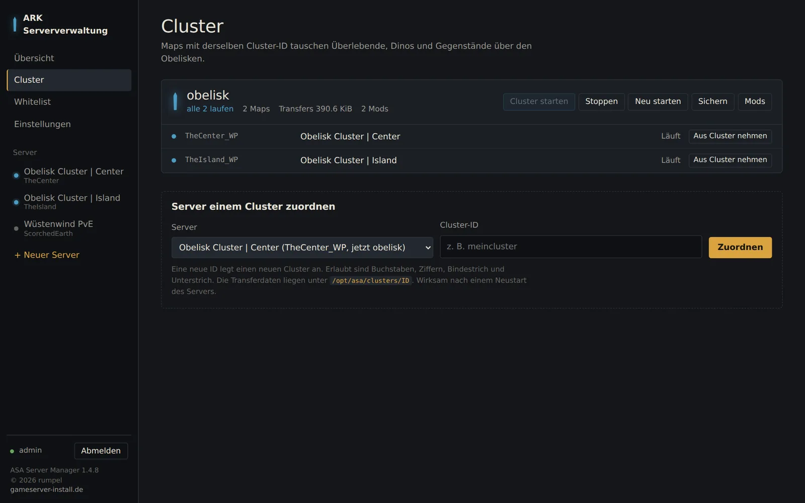 Cluster-Seite mit Status aller Maps, Transfergröße und Formular zum Zuordnen