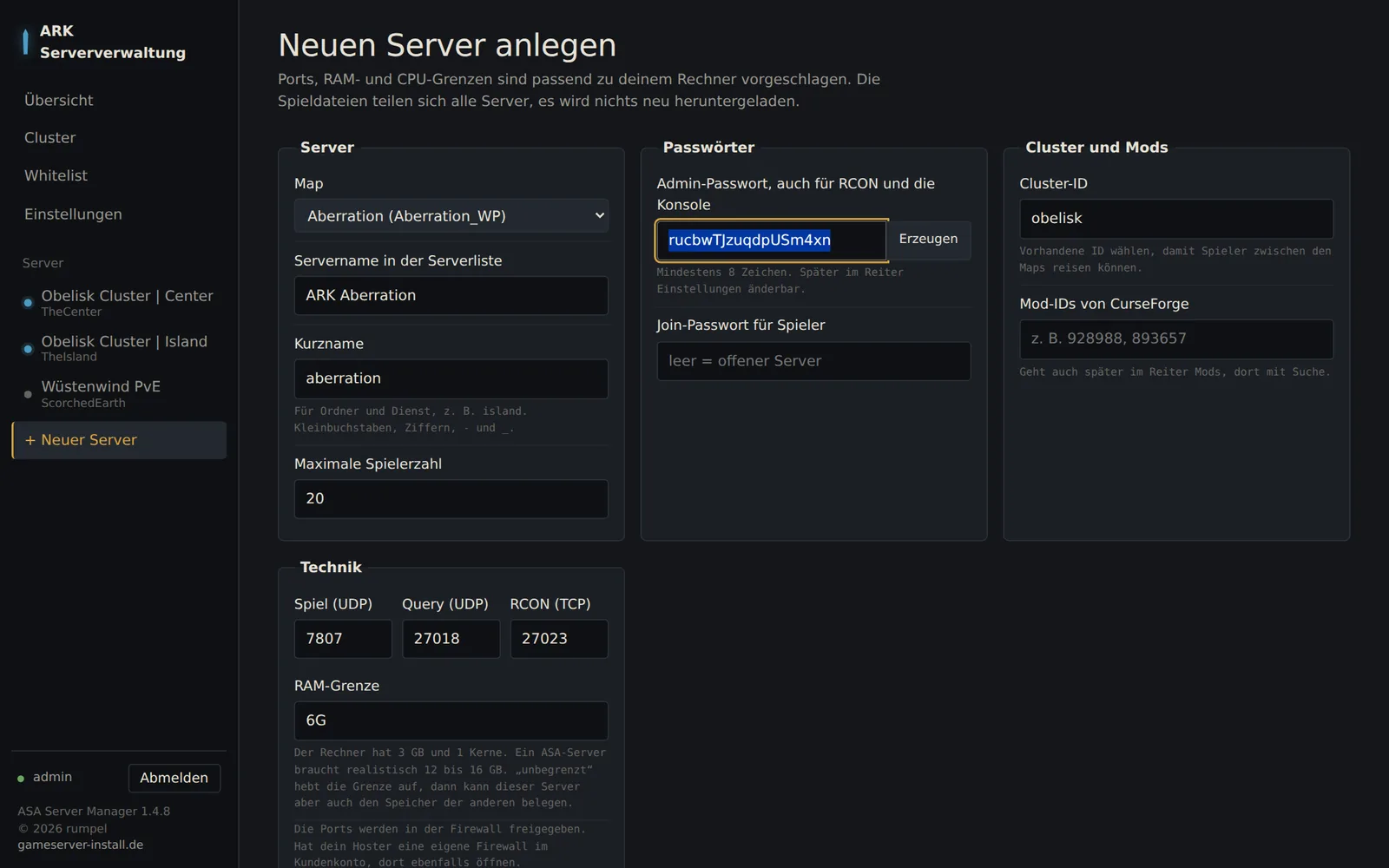 Formular zum Anlegen eines neuen Servers mit Map-Auswahl, Passwort, Cluster und Ports