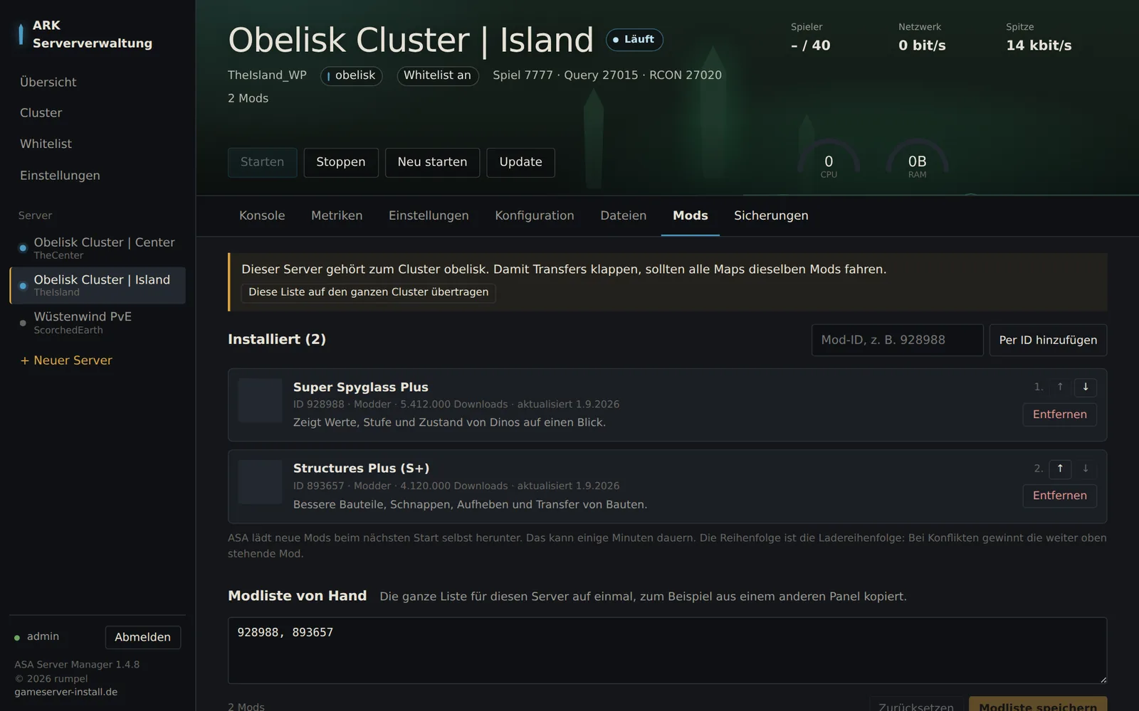 Reiter Mods mit installierten Mods und CurseForge-Suche