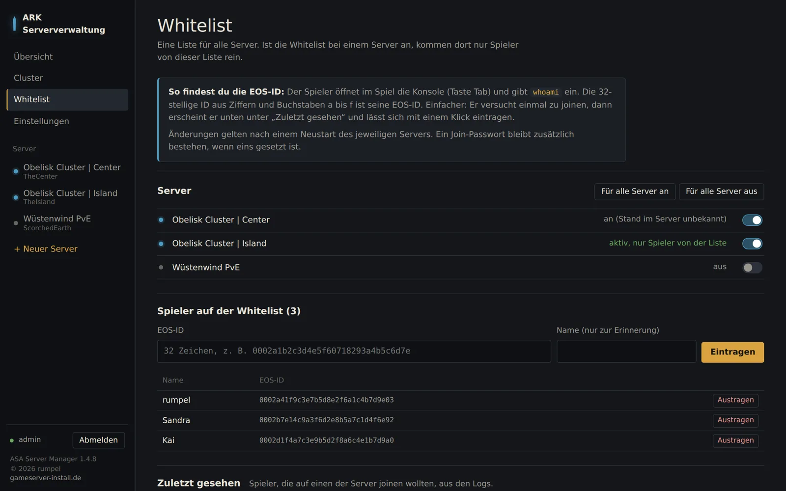 Whitelist-Seite mit Schaltern pro Server, eingetragenen Spielern und zuletzt gesehenen Spielern